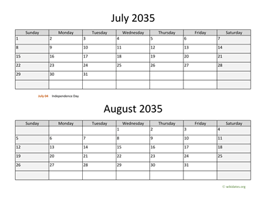 July and August 2035 Calendar Horizontal