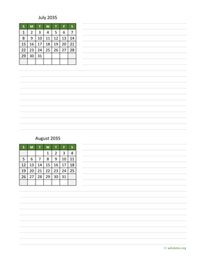 July and August 2035 Calendar with Notes