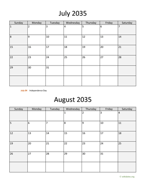 July and August 2035 Calendar Vertical