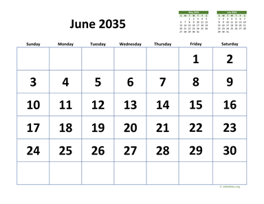 June 2035 Calendar with Extra-large Dates