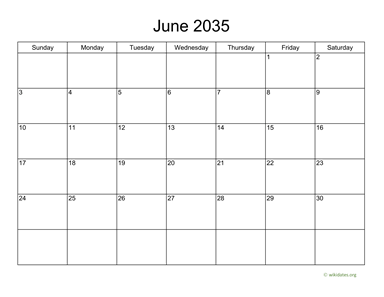 Basic Calendar for June 2035