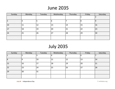 June and July 2035 Calendar Horizontal