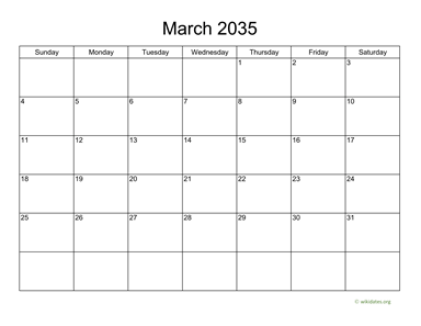 Basic Calendar for March 2035