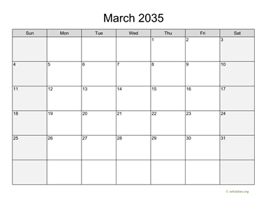 March 2035 Calendar with Weekend Shaded