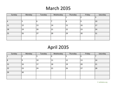 March and April 2035 Calendar Horizontal