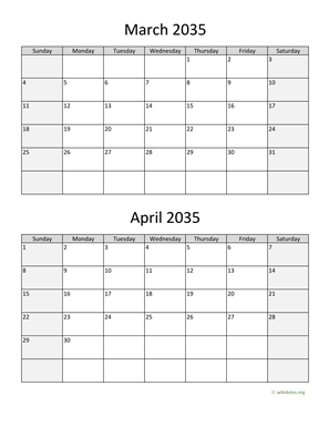 March and April 2035 Calendar Vertical