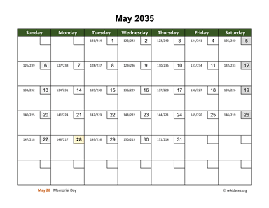 May 2035 Calendar with Day Numbers