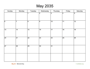 Basic Calendar for May 2035