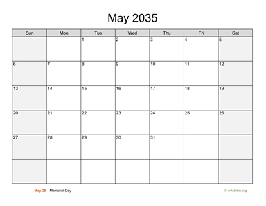 May 2035 Calendar with Weekend Shaded