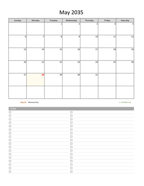 May 2035 Calendar with To-Do List