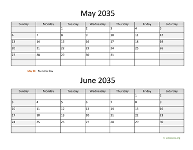 May and June 2035 Calendar Horizontal