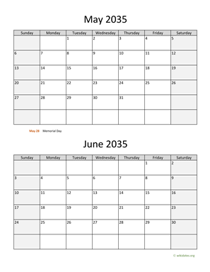 May and June 2035 Calendar Vertical