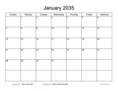 Monthly Basic Calendar for 2035