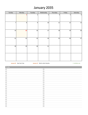 Monthly 2035 Calendar with To-Do List