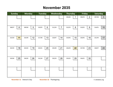 November 2035 Calendar with Day Numbers