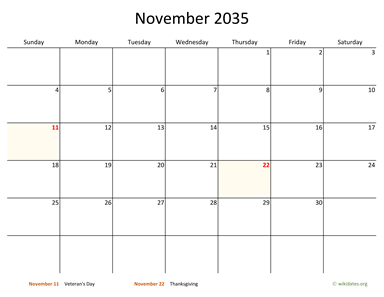 November 2035 Calendar with Bigger boxes