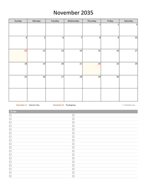 November 2035 Calendar with To-Do List