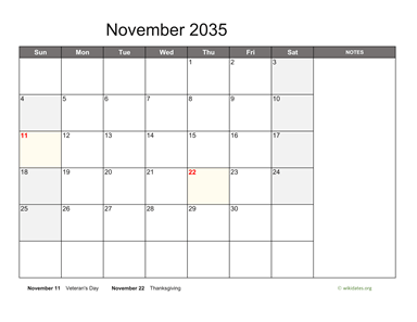 November 2035 Calendar with Notes