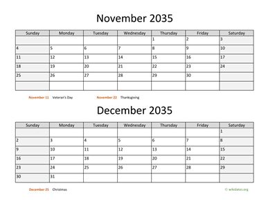 November and December 2035 Calendar Horizontal