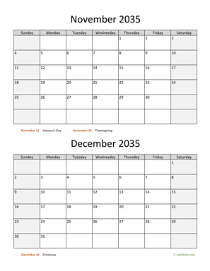 November and December 2035 Calendar Vertical