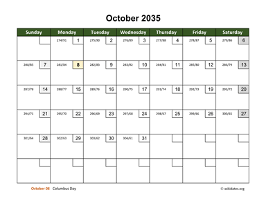 October 2035 Calendar with Day Numbers
