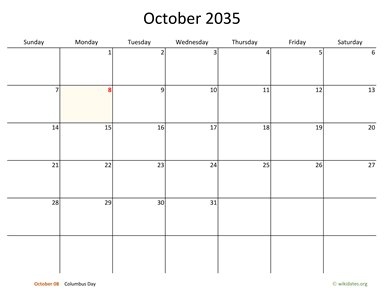 October 2035 Calendar with Bigger boxes