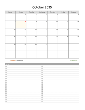 October 2035 Calendar with To-Do List