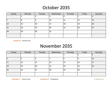 October and November 2035 Calendar Horizontal