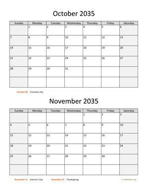 October and November 2035 Calendar Vertical