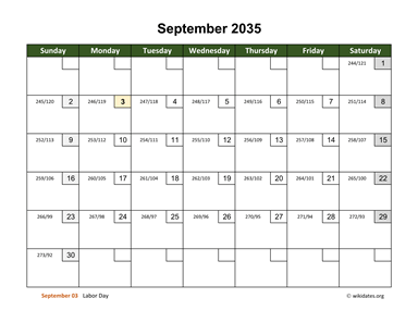 September 2035 Calendar with Day Numbers