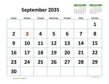 September 2035 Calendar with Extra-large Dates