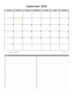 September 2035 Calendar with To-Do List