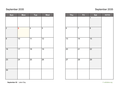 September 2035 Calendar on two pages