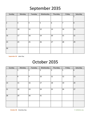 September and October 2035 Calendar Vertical