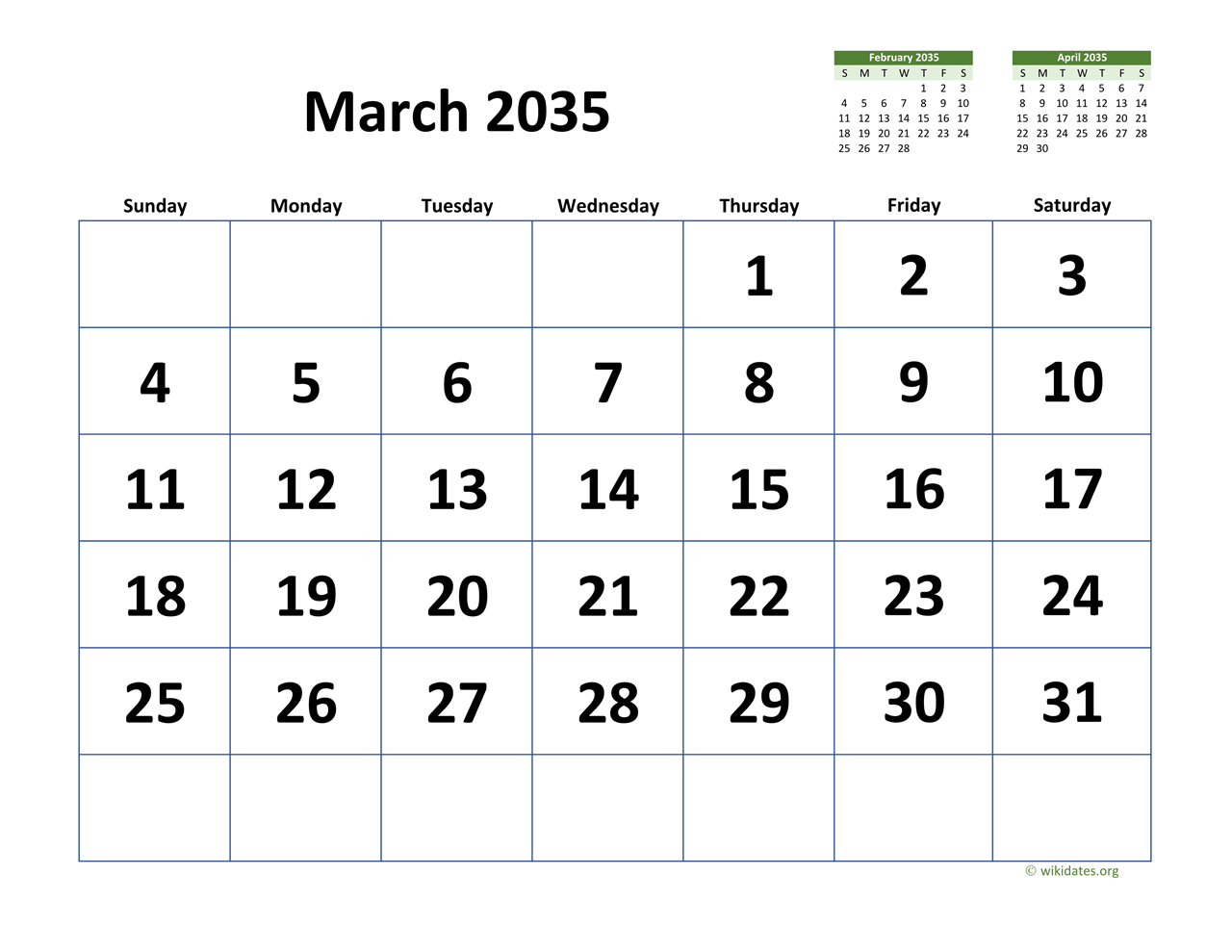 March 2035 Calendar With Extra Large Dates