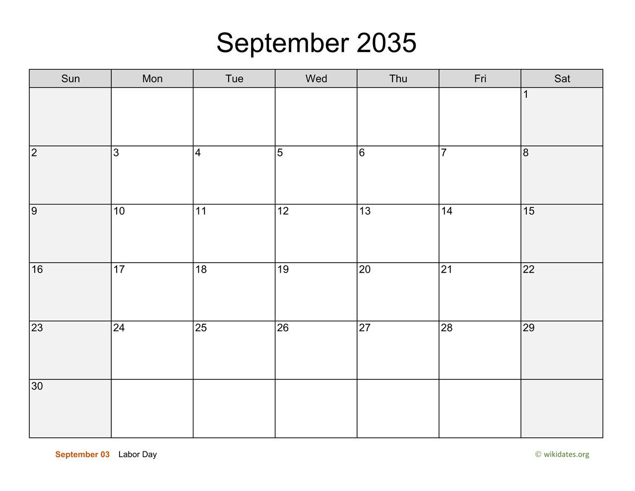 September 2035 Calendar with Weekend Shaded | WikiDates.org