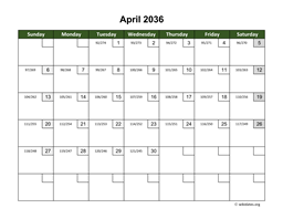 April 2036 Calendar with Day Numbers