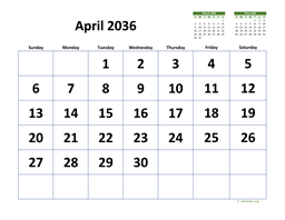 April 2036 Calendar with Extra-large Dates