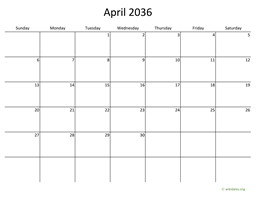 April 2036 Calendar with Bigger boxes