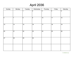 Basic Calendar for April 2036