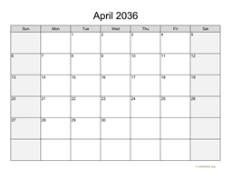 April 2036 Calendar with Weekend Shaded