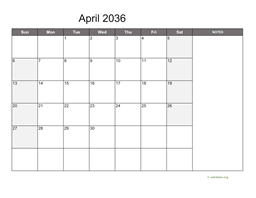 April 2036 Calendar with Notes