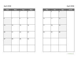 April 2036 Calendar on two pages