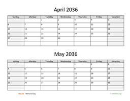 April and May 2036 Calendar