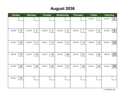 August 2036 Calendar with Day Numbers