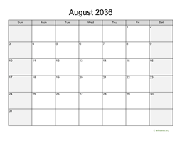 August 2036 Calendar with Weekend Shaded