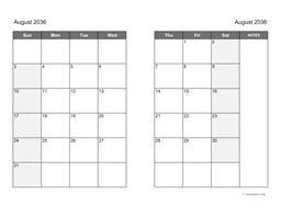 August 2036 Calendar on two pages