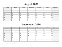 August and September 2036 Calendar