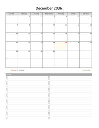 December 2036 Calendar with To-Do List