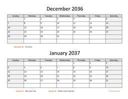 december and january 2036 calendar